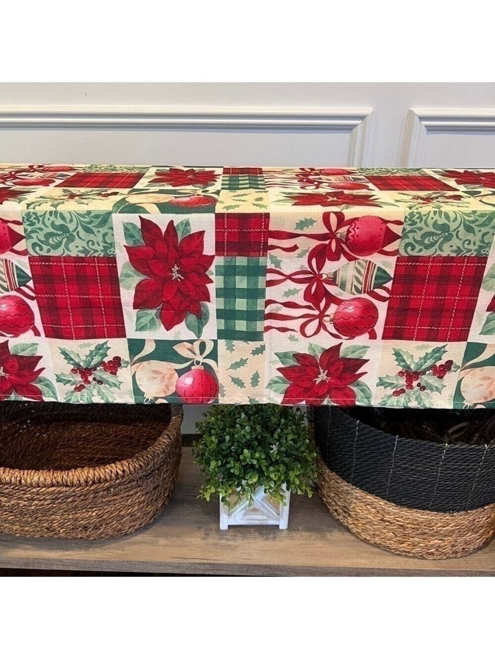 Christmas Rectangular Tablecloth Country Patchwork Holly Poinsettia Tree Holiday